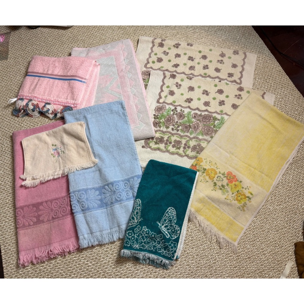 Vintage Towel Lot 8pc Floral Butterfly Fringe Retro Pastel Cottagecore bath